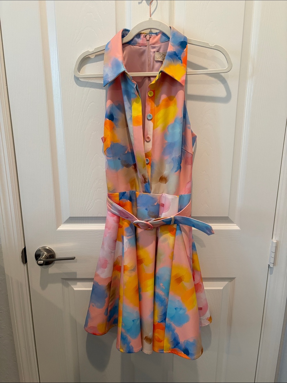 Badgley Mischka Multicolor Watercolor Collared Belted Casual Dress